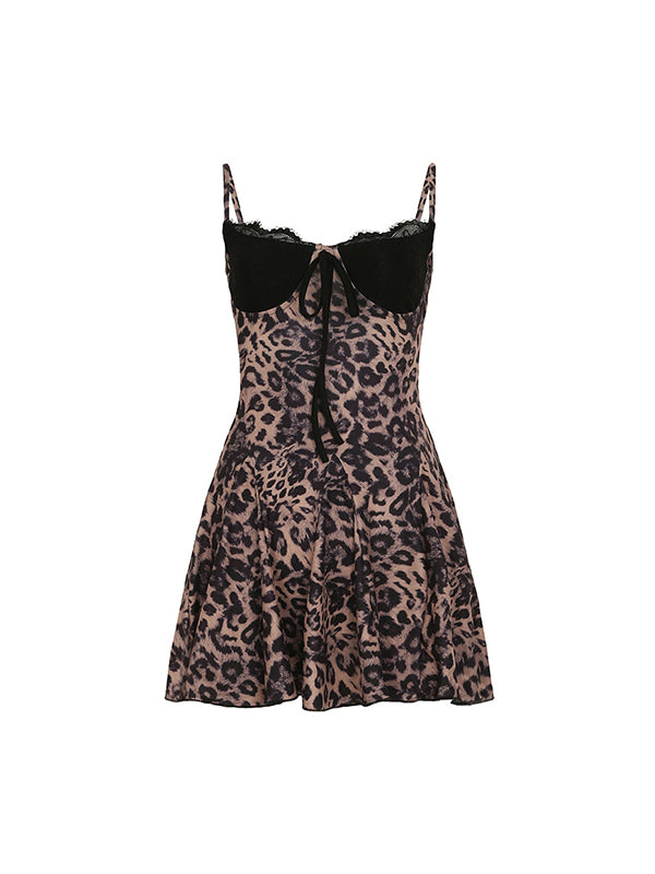 Brown Y2k strappy leopard lace dress
