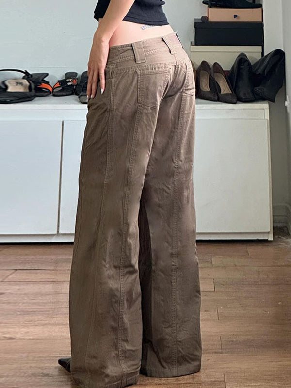 Brown American Retro Low Waist Split Flared Pants