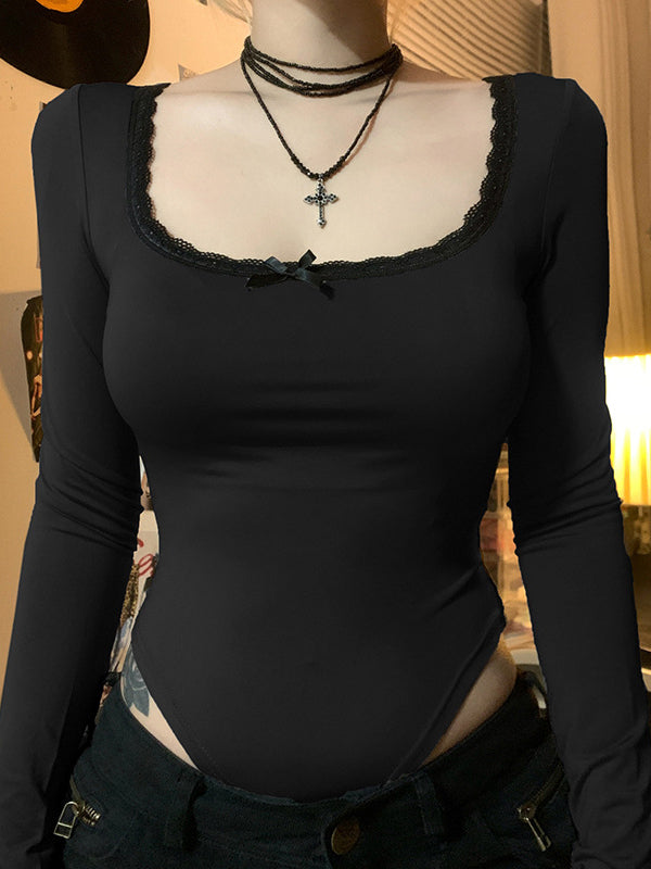 Solid Color U-Neck Bow Long Sleeve Bodysuit