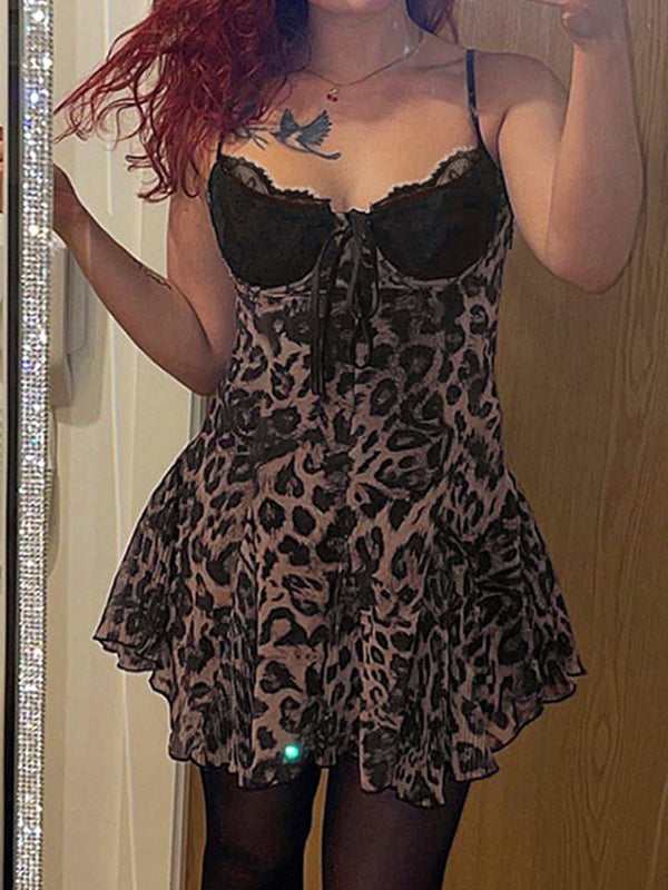 Brown Y2k strappy leopard lace dress