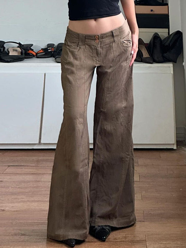 Brown American Retro Low Waist Split Flared Pants