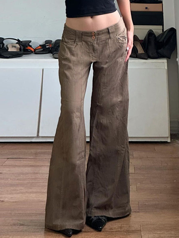 Brown American Retro Low Waist Split Flared Pants