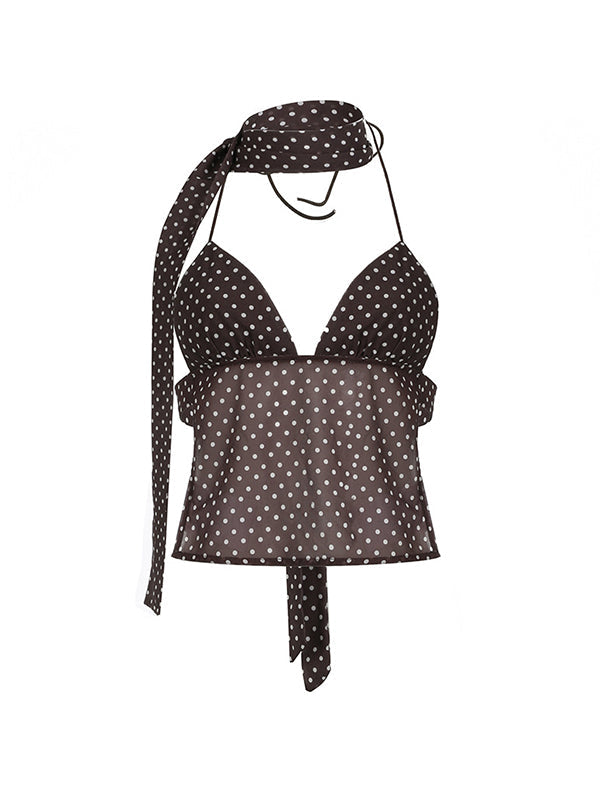 Brown Y2k polka dot top with scarf and backless lace-up design