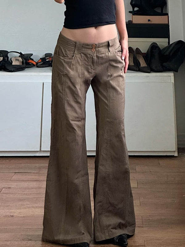 Brown American Retro Low Waist Split Flared Pants