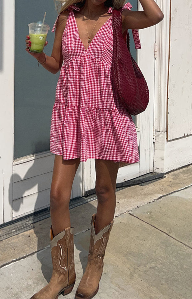 Allegra red mini dress with gingham check pattern
