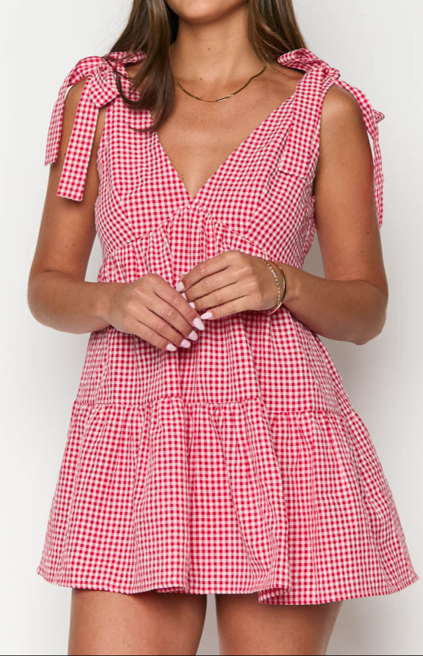 Allegra red mini dress with gingham check pattern