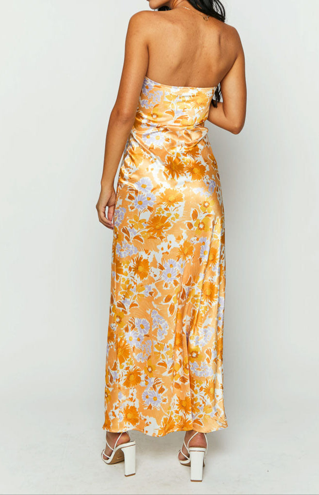 Armani Maxi Evening Dress in Orange with Floral Print