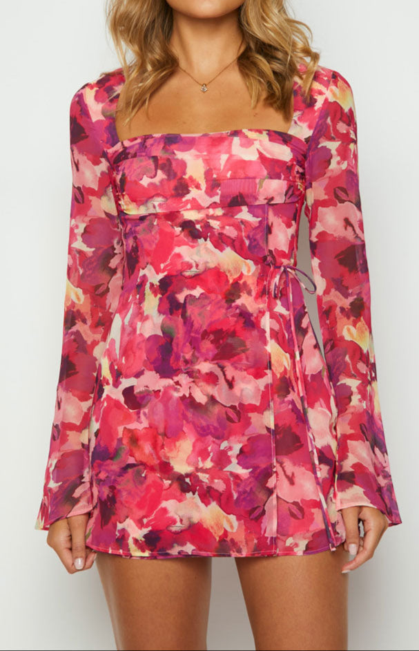 Mafalda mini dress with pink print and long sleeves