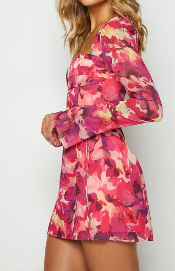 Mafalda mini dress with pink print and long sleeves