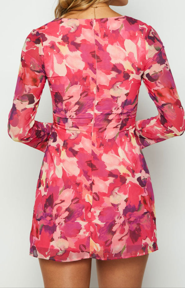 Mafalda mini dress with pink print and long sleeves