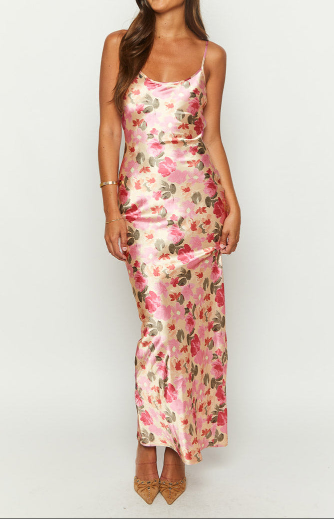 Lilla Maxi Dress in Yellow with Floral Print Made of Satin