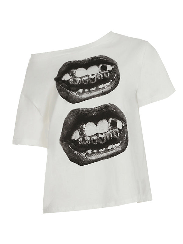 White vintage T-shirt with lips print and oversized fit