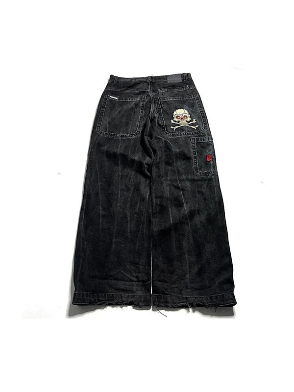 Black retro embroidery boyfriend jeans
