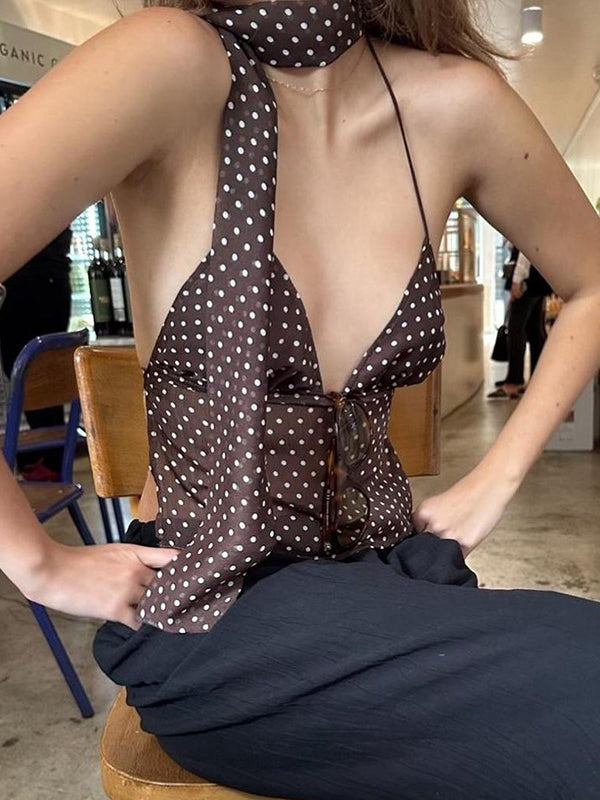 Brown Y2k polka dot top with scarf and backless lace-up design