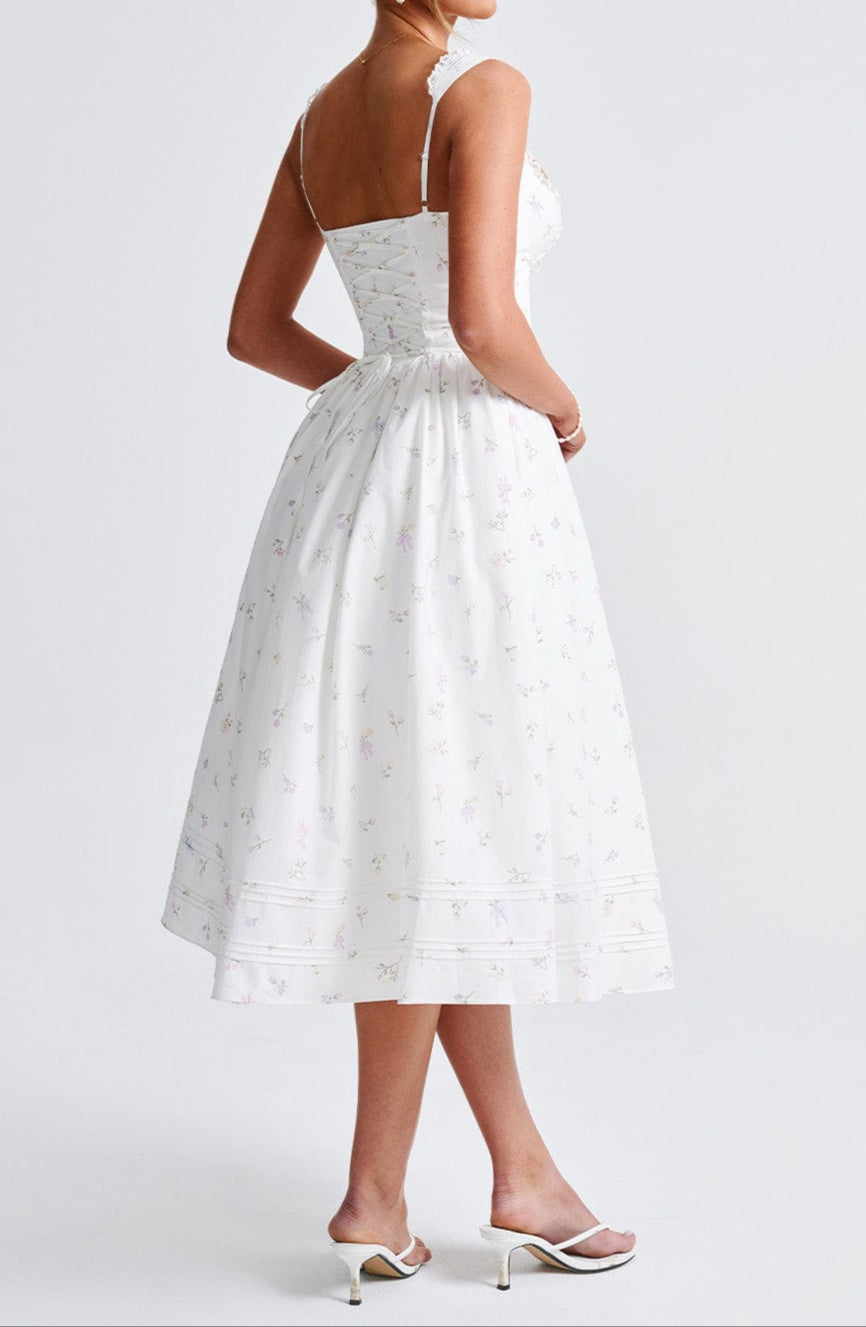 Romanadia Midi Dress - White Floral Print