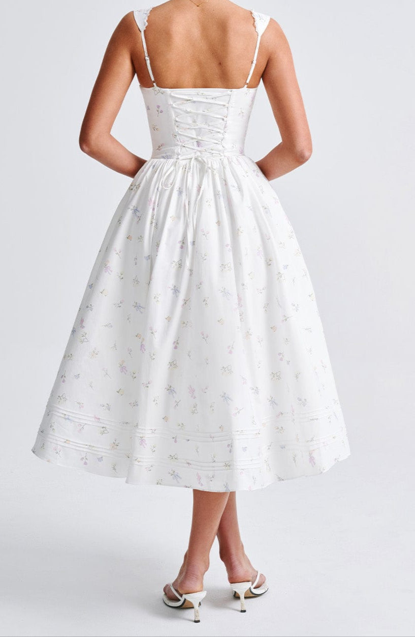 Romanadia Midi Dress - White Floral Print