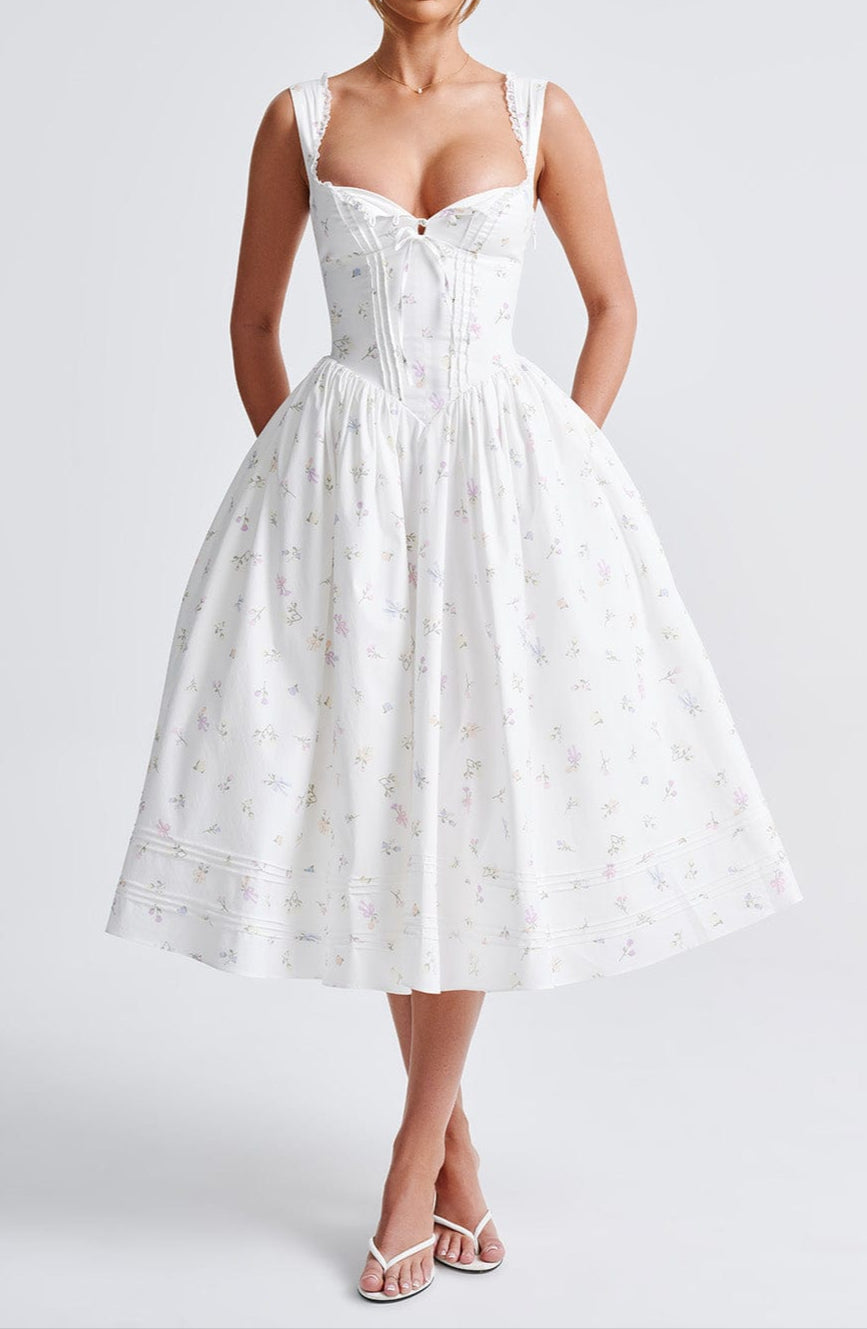 Romanadia Midi Dress - White Floral Print