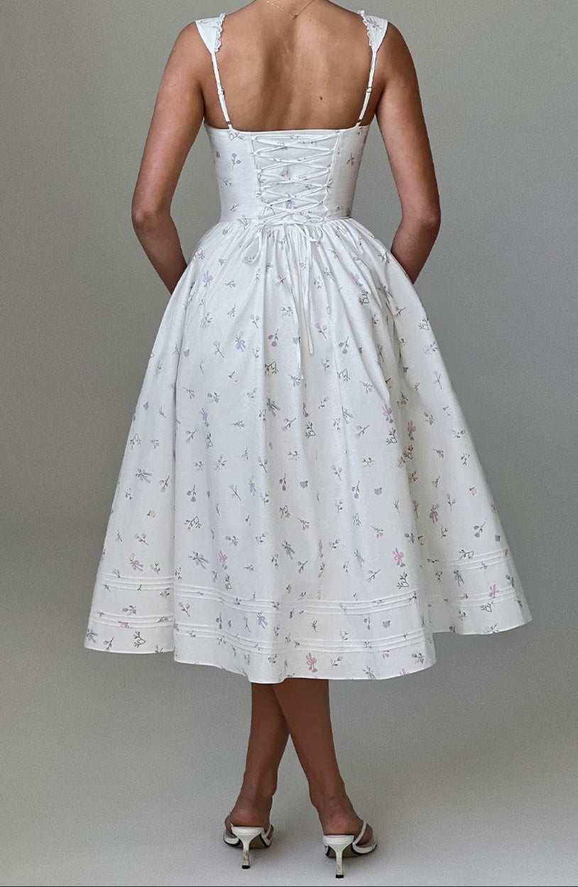 Romanadia Midi Dress - White Floral Print