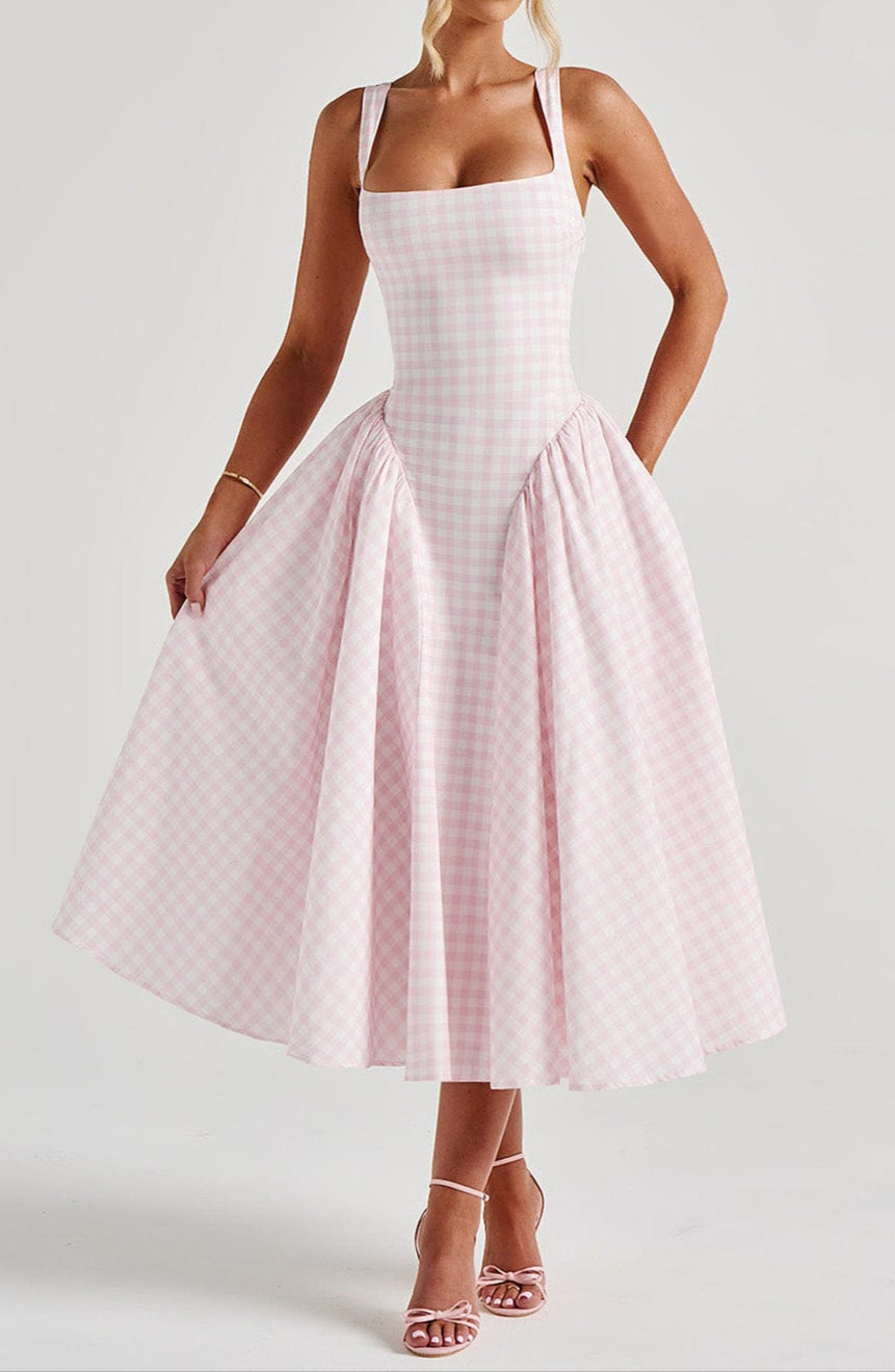 Lorenza Midi Dress – Blush Gingham