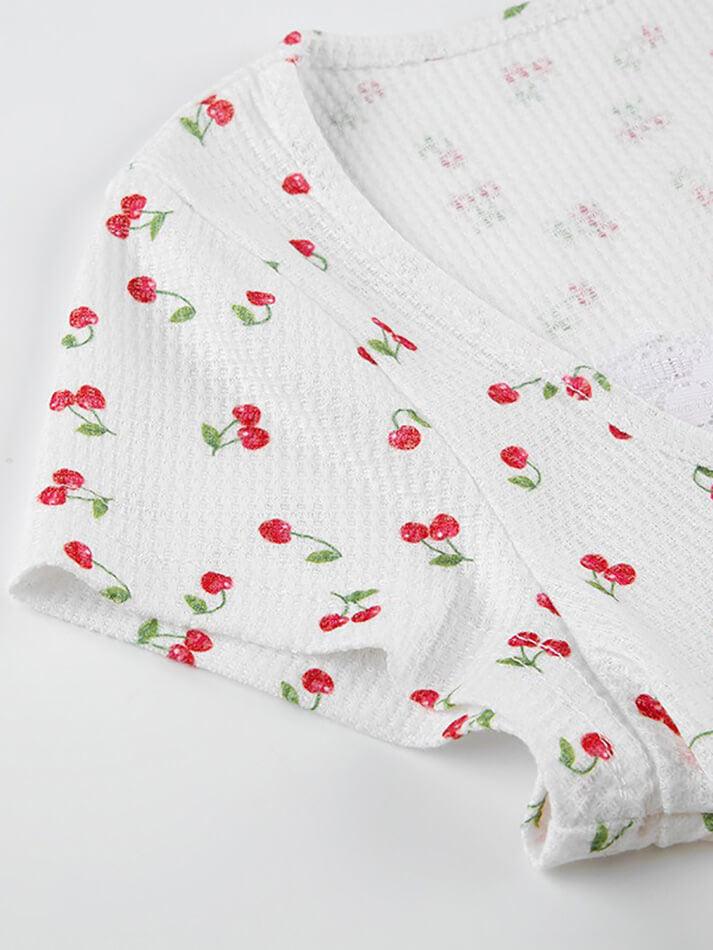 JY Sweet Lace Panel Cherry Print Cap Sleeve Top / Sweet Lace Panel Cherry Print Cap Sleeve Top