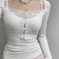 White Lace Stitching Bow Neck Long Sleeve Knit