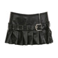 Punk Rivet Belt Pleated Slit Leather Mini Skirt