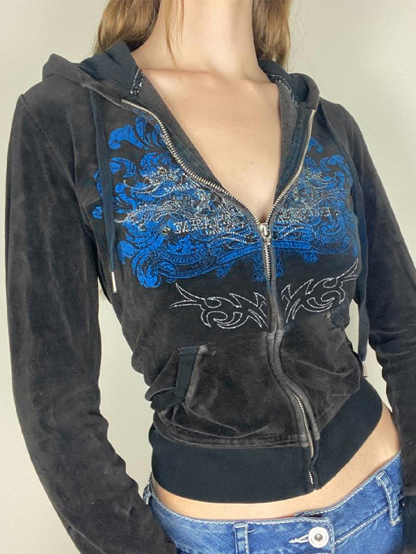 Grunge velvet hoodie with zipper and rhinestone pattern 