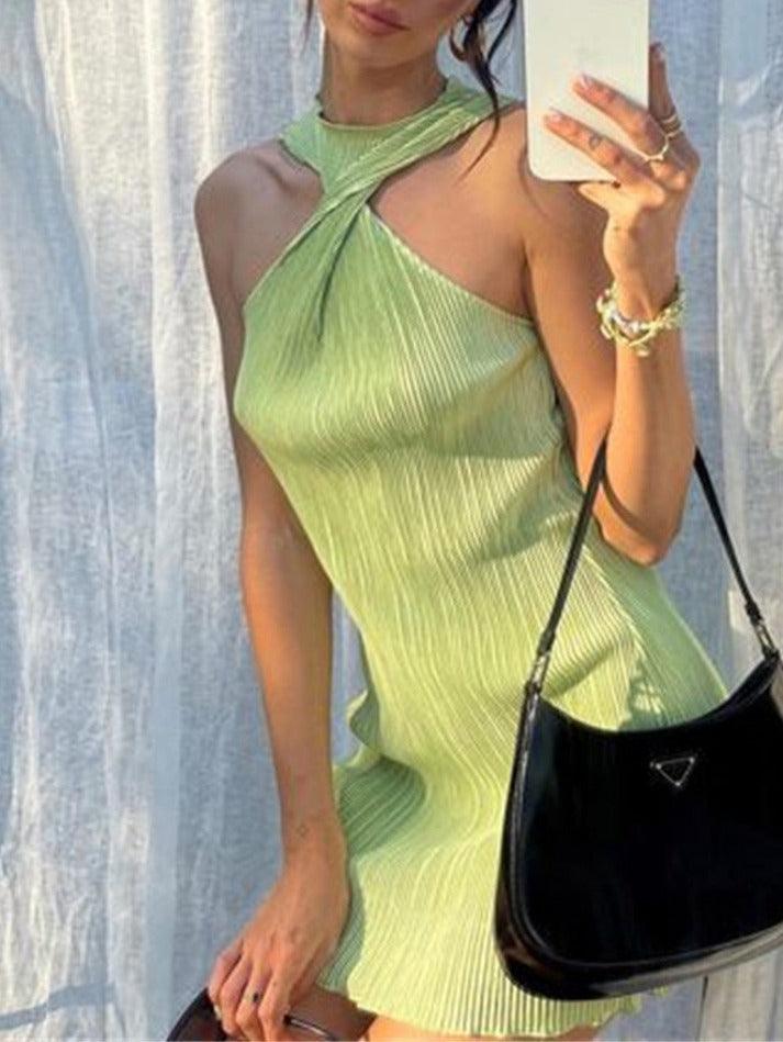 Green Vintage Pleated Halter Mini Dress