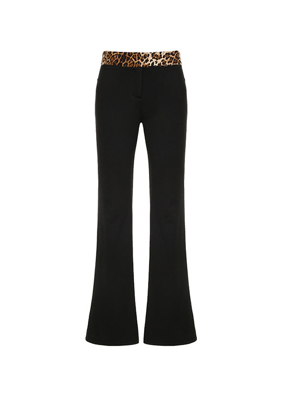 Leopard splice flared trousers with elastic waistband