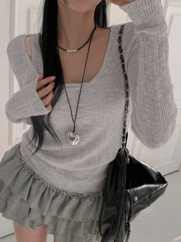 Grey Vintage Rib Two Piece Long Sleeve Knit Top