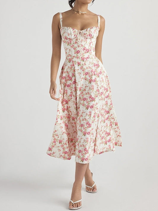 French Floral Print Slim Fit Button Front Midi Dress