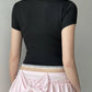 Vintage Bow Lace Trim Slim Crop Top with V Neck