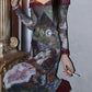 Vintage Oil Painting Print Off Shoulder Slim Fit Maxi Dress