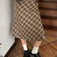 Brown Vintage Checkered Low Waist Midi Skirt