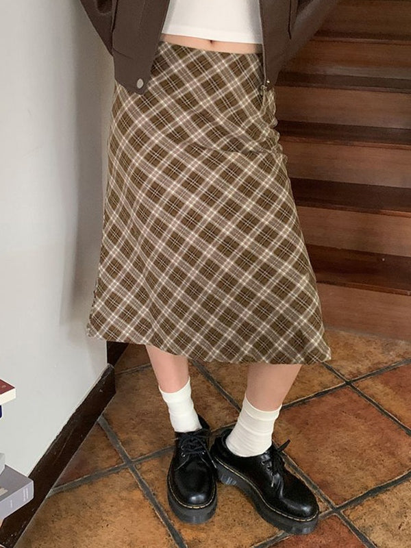 Brown Vintage Checkered Low Waist Midi Skirt