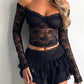 Black Vintage Lace Off Shoulder Long Sleeve T-Shirt &amp; Tiered Mini Skirt Set