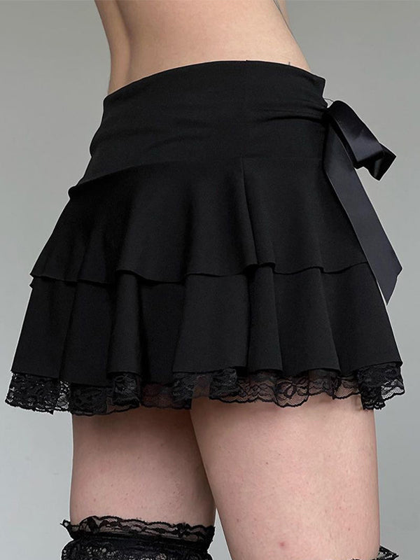 Black tiered mini skirt with lace bow