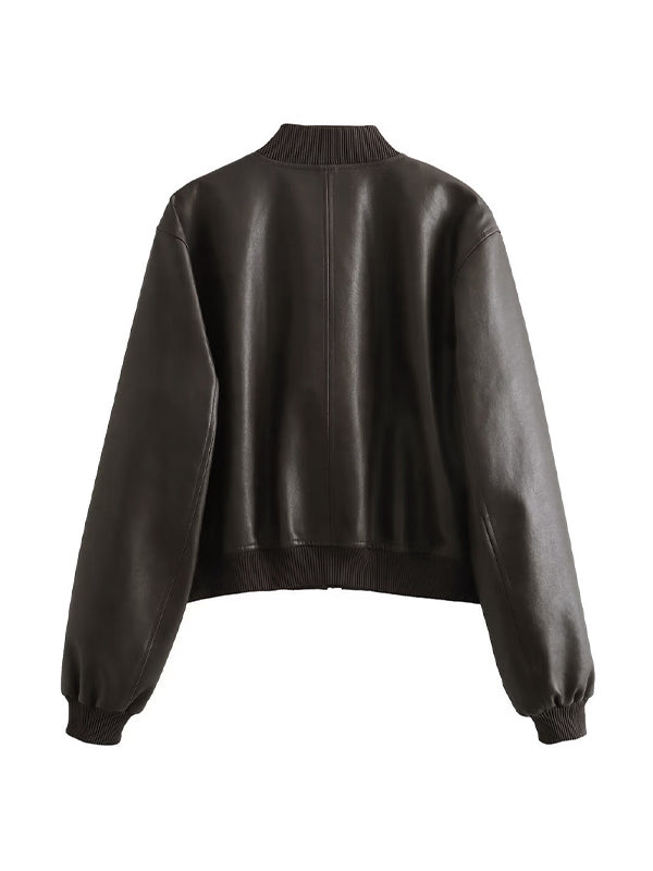 Vintage Solid Color Leather Bomber Jacket