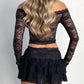 Black Vintage Lace Off Shoulder Long Sleeve T-Shirt &amp; Tiered Mini Skirt Set