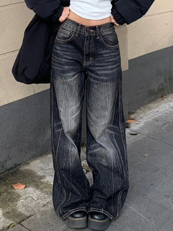 Schwarze Vintage High Street Boyfriend Jeans mit Weitem Bein