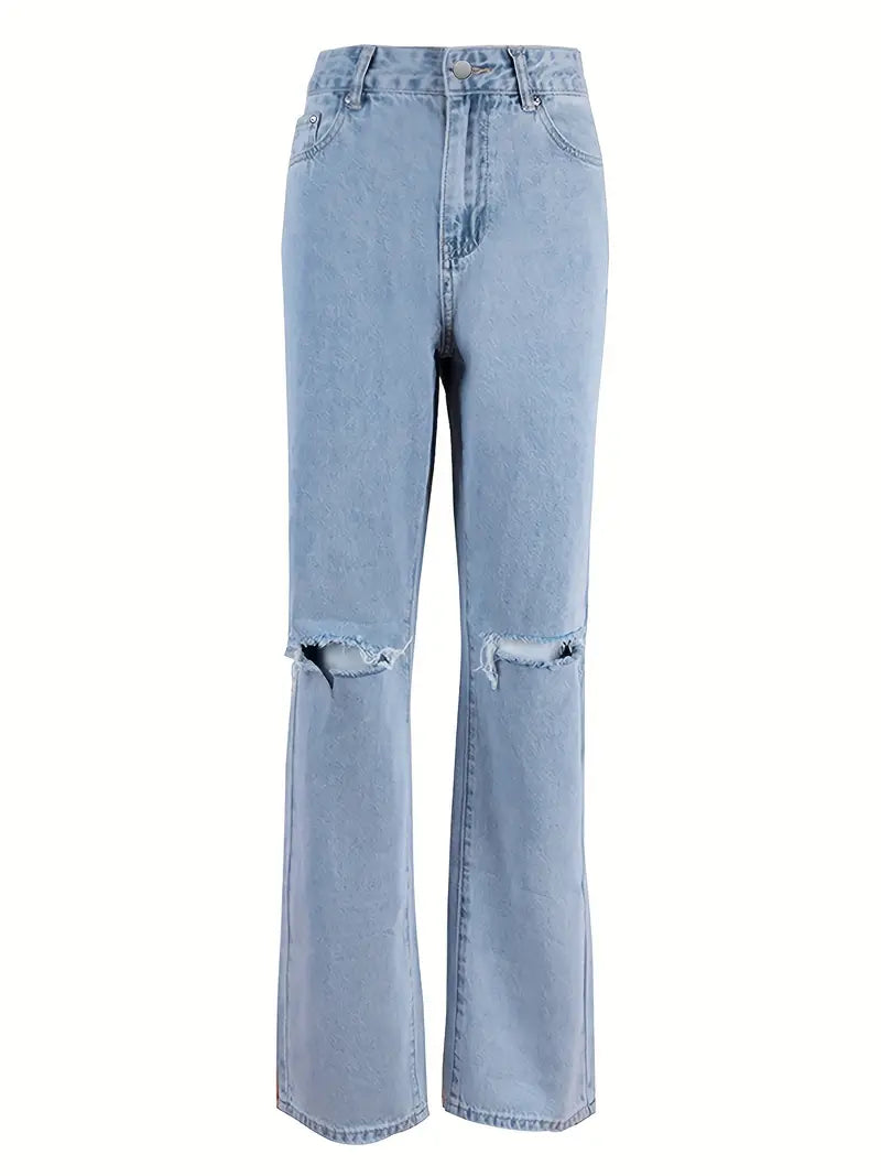 Light blue 2000s Y2k boyfriend jeans with ripped design