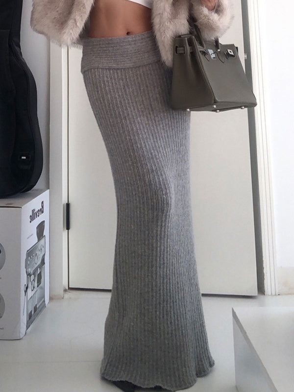 Grey Vintage Low Waist Maxi Skirt with Folded Waistband