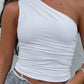 White Vintage One Shoulder Ruffle Tank Top