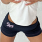 Navy Blue Vintage Fold Over Waistband Bow Print Shorts