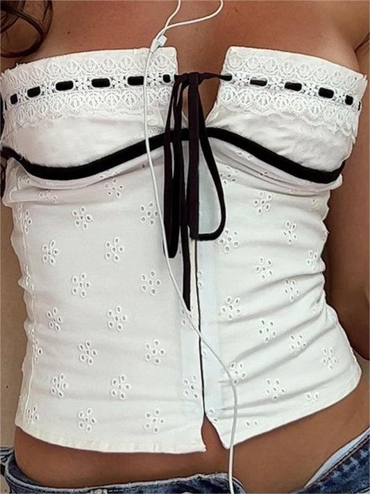 White bandeau top with broderie lace to tie