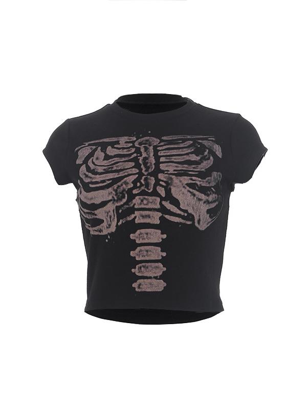 Black printed vintage crop top with skeleton motif