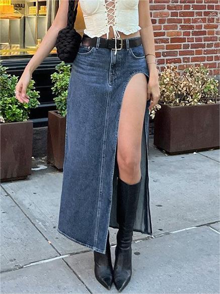 Maxi denim skirt with a high side slit