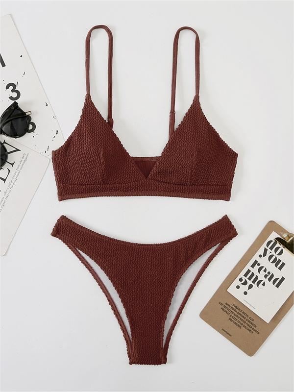 Plain smocked V-neck bikini set