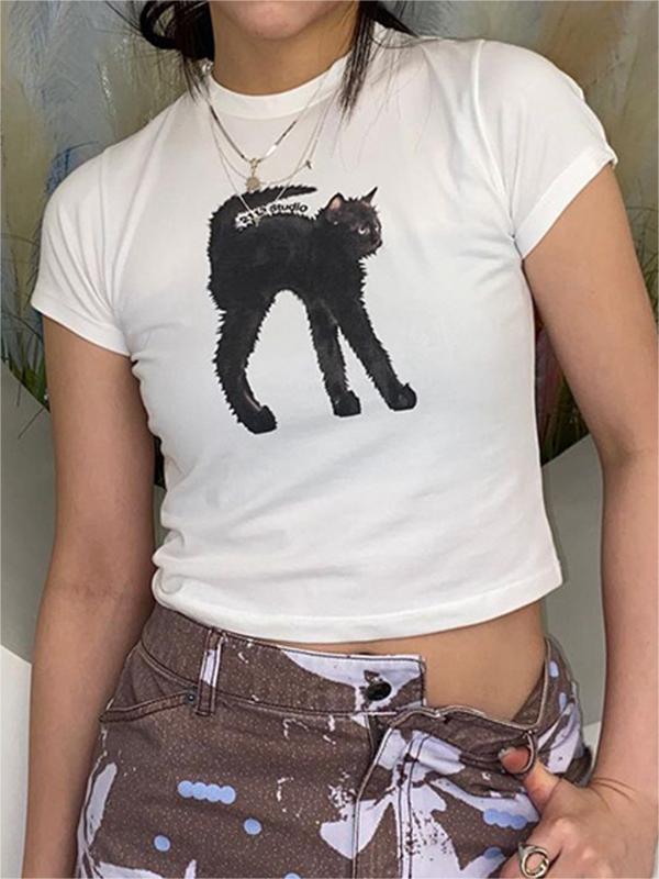 White crop top with black cat print