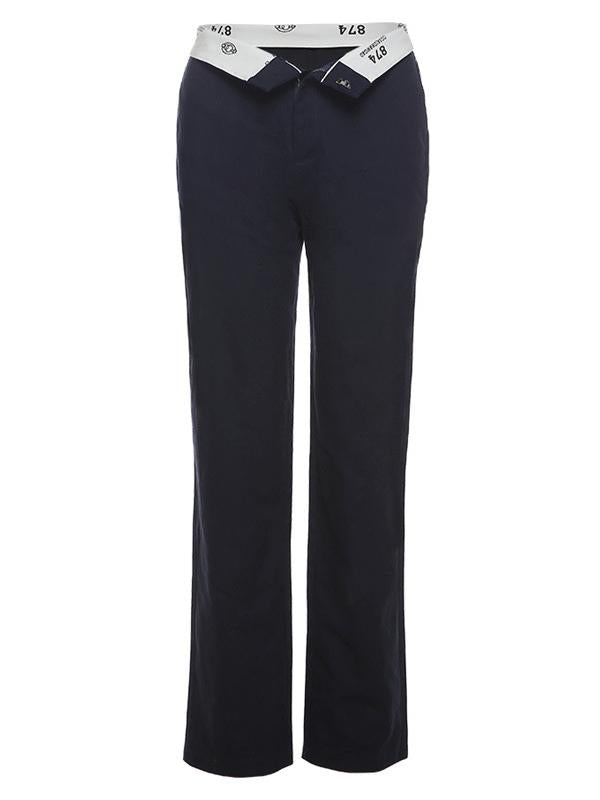 Dark straight leg trousers with a foldable waist